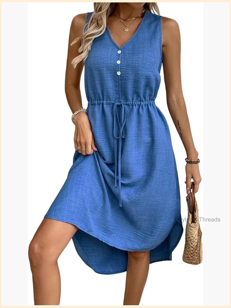 Loose Fit Midi Dress V Neck Sleeveless A-Line Button Front Casual